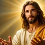 This is a hyperrealistic digital painting of Jesus Christ, depicted with a gentle expression and open arms. He is bathed in a warm golden light, creating a radiant and welcoming image. The fine details and lifelike portrayal enhance the spiritual nature of the artwork.